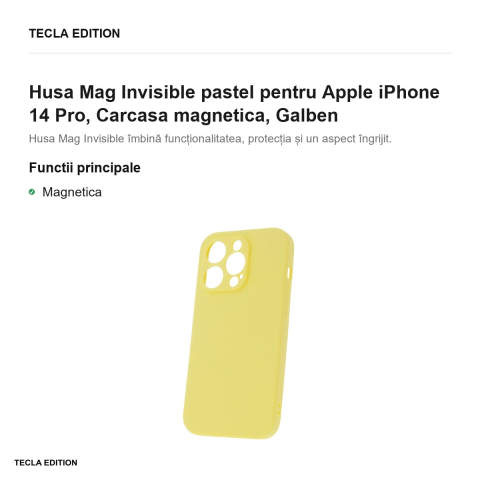 Husa Mag Invisible pastel pentru Apple iPhone 14 Pro, Carcasa magnetica, Galben [1]