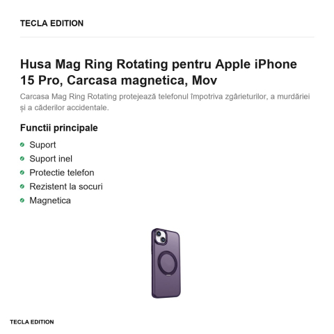 Husa Mag Ring Rotating pentru Apple iPhone 15 Pro, Carcasa magnetica, Mov [1]
