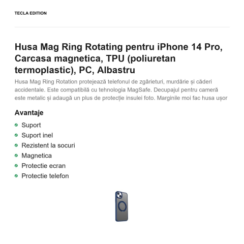 Husa Mag Ring Rotating pentru iPhone 14 Pro, Carcasa magnetica, TPU (poliuretan termoplastic), PC, Albastru [1]