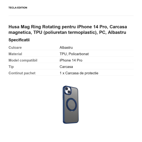 Husa Mag Ring Rotating pentru iPhone 14 Pro, Carcasa magnetica, TPU (poliuretan termoplastic), PC, Albastru [2]