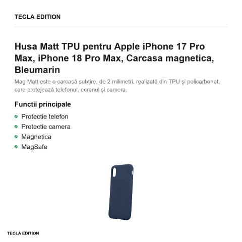 Husa Matt TPU pentru Apple iPhone 17 Pro Max, iPhone 18 Pro Max, Carcasa magnetica, Bleumarin [1]