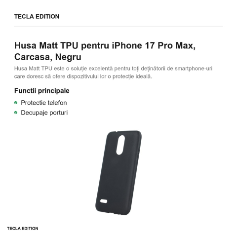 Husa Matt TPU pentru iPhone 17 Pro Max, Carcasa, Negru [1]