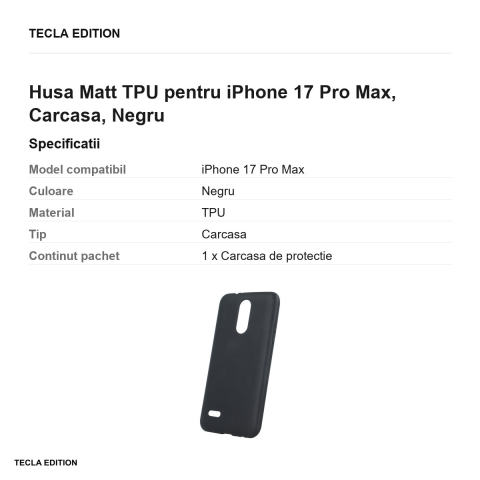 Husa Matt TPU pentru iPhone 17 Pro Max, Carcasa, Negru [2]