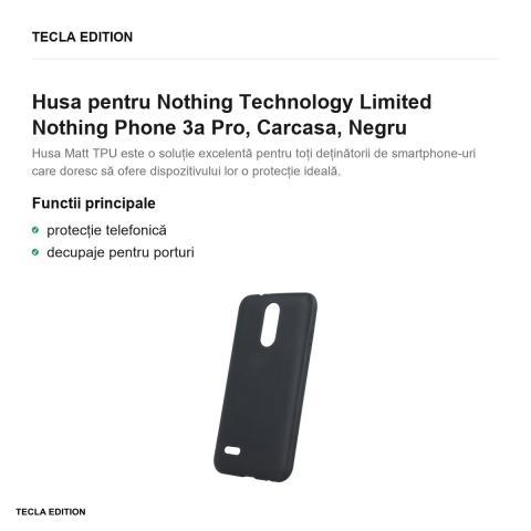 Husa Matt TPU pentru Nothing Technology Limited Nothing Phone 3a Pro, Carcasa, Negru [1]