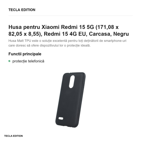 Husa Matt TPU pentru Xiaomi Redmi 15 5G, Redmi 15 4G EU, Carcasa, Negru [1]