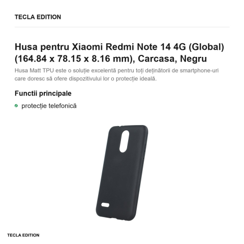 Husa Matt TPU pentru Xiaomi Redmi Note 14 4G (Global), Carcasa, Negru [1]