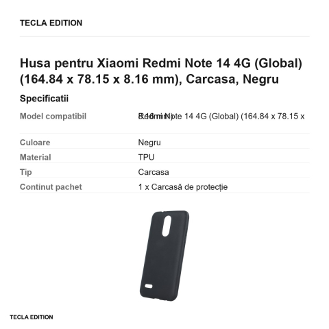 Husa Matt TPU pentru Xiaomi Redmi Note 14 4G (Global), Carcasa, Negru [2]