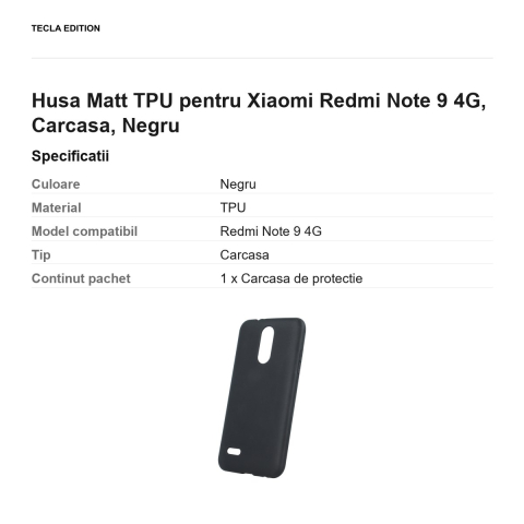 Husa Matt TPU pentru Xiaomi Redmi Note 9 4G, Carcasa, Negru [2]