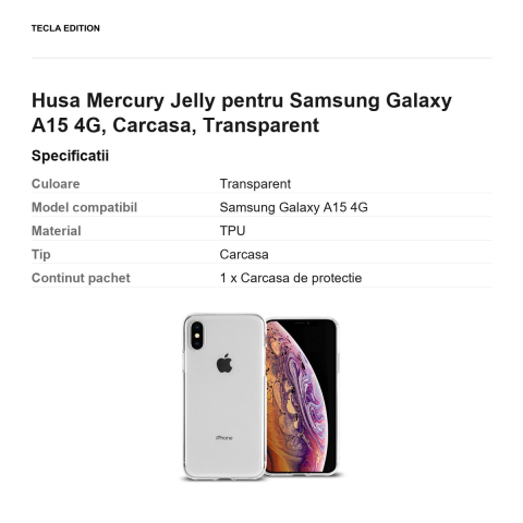 Husa Mercury Jelly pentru Samsung Galaxy A15 4G, Carcasa, Transparent [2]