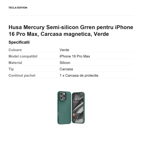 Husa Mercury Semi-silicon Grren pentru iPhone 16 Pro Max, Carcasa magnetica, Verde [2]