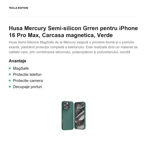 Husa Mercury Semi-silicon Grren pentru iPhone 16 Pro Max, Carcasa magnetica, Verde [1]