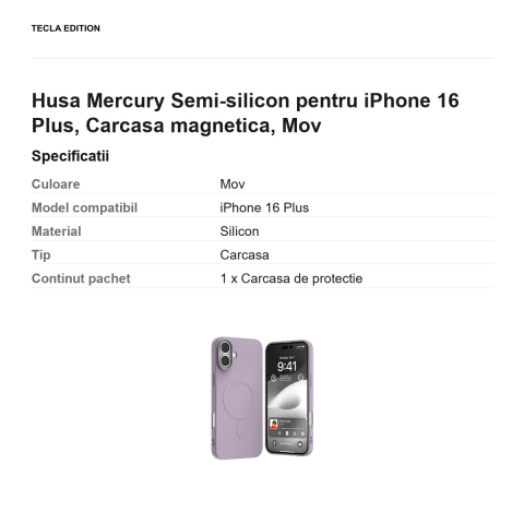 Husa Mercury Semi-silicon pentru iPhone 16 Plus, Carcasa magnetica, Mov [2]