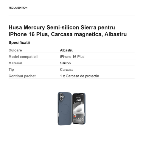 Husa Mercury Semi-silicon Sierra pentru iPhone 16 Plus, Carcasa magnetica, Albastru [2]