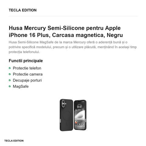 Husa Mercury Semi-Silicone pentru Apple iPhone 16 Plus, Carcasa magnetica, Negru [1]