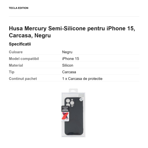 Husa Mercury Semi-Silicone pentru iPhone 15, Carcasa, Negru [2]