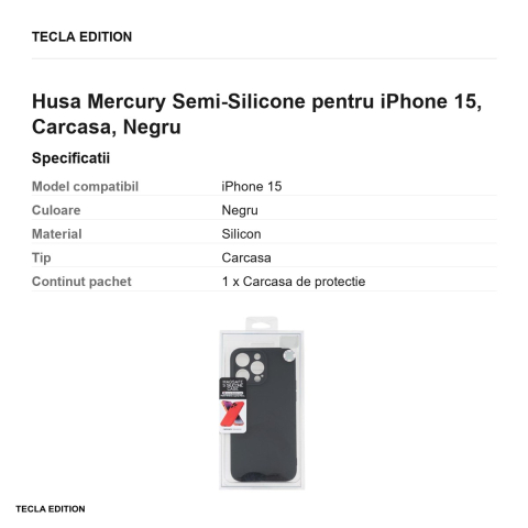 Husa Mercury Semi-Silicone pentru iPhone 15, Carcasa, Negru [2]