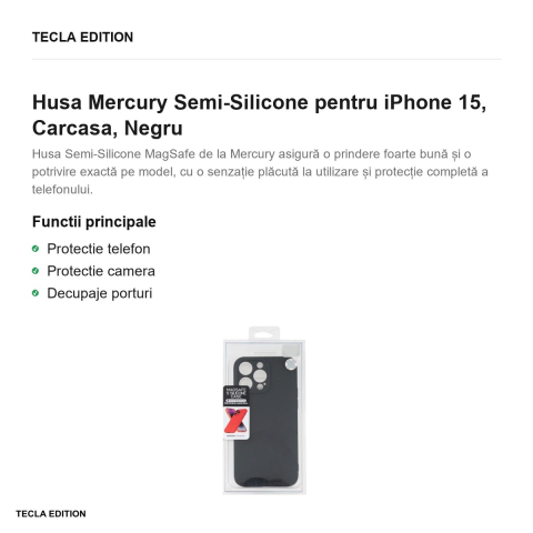 Husa Mercury Semi-Silicone pentru iPhone 15, Carcasa, Negru [1]