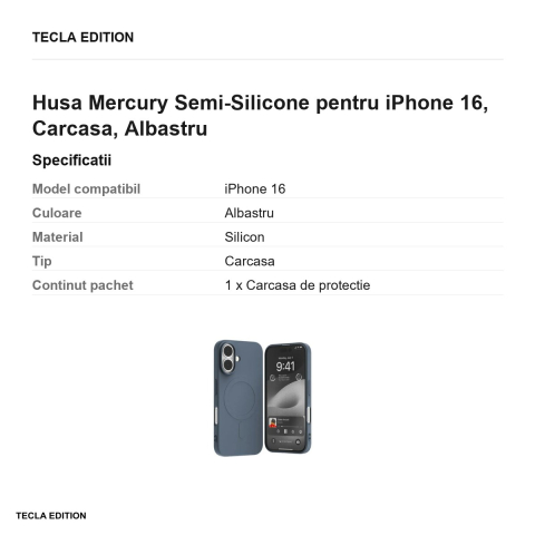Husa Mercury Semi-Silicone pentru iPhone 16, Carcasa, Albastru [2]
