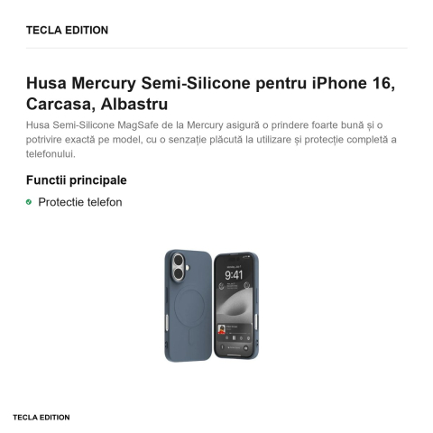 Husa Mercury Semi-Silicone pentru iPhone 16, Carcasa, Albastru [1]