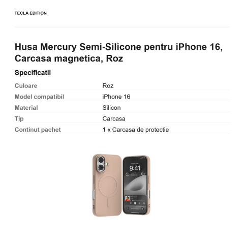 Husa Mercury Semi-Silicone pentru iPhone 16, Carcasa magnetica, Roz [2]