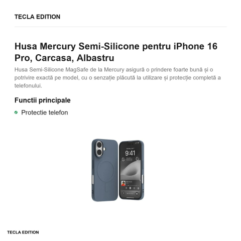 Husa Mercury Semi-Silicone pentru iPhone 16 Pro, Carcasa, Albastru [1]