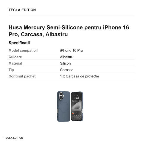 Husa Mercury Semi-Silicone pentru iPhone 16 Pro, Carcasa, Albastru [2]