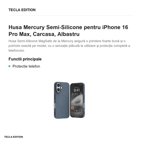 Husa Mercury Semi-Silicone pentru iPhone 16 Pro Max, Carcasa, Albastru [1]