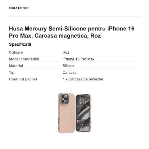 Husa Mercury Semi-Silicone pentru iPhone 16 Pro Max, Carcasa magnetica, Roz [2]