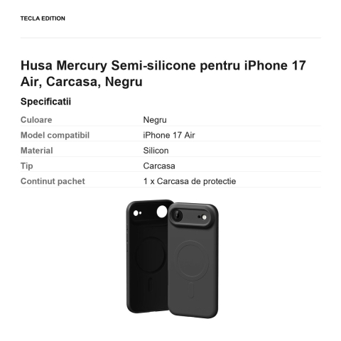 Husa Mercury Semi-silicone pentru iPhone 17 Air, Carcasa, Negru [2]