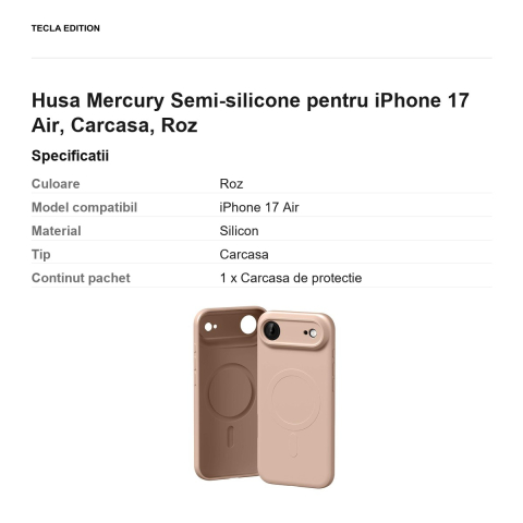 Husa Mercury Semi-silicone pentru iPhone 17 Air, Carcasa, Roz [2]