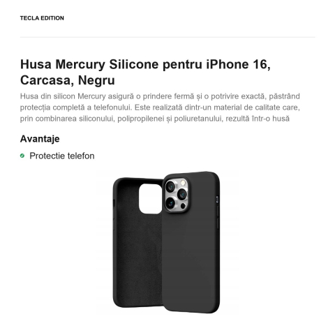 Husa Mercury Silicone pentru iPhone 16, Carcasa, Negru [1]