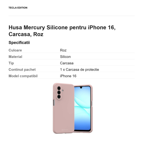 Husa Mercury Silicone pentru iPhone 16, Carcasa, Roz [2]