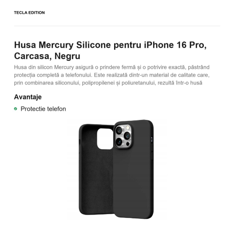 Husa Mercury Silicone pentru iPhone 16 Pro, Carcasa, Negru [1]