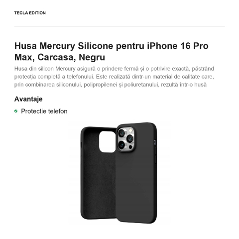 Husa Mercury Silicone pentru iPhone 16 Pro Max, Carcasa, Negru [1]