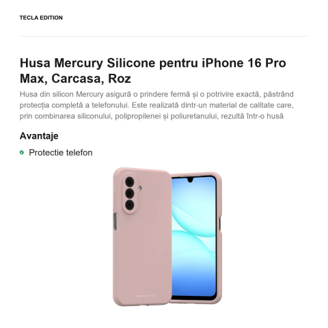 Husa Mercury Silicone pentru iPhone 16 Pro Max, Carcasa, Roz [1]