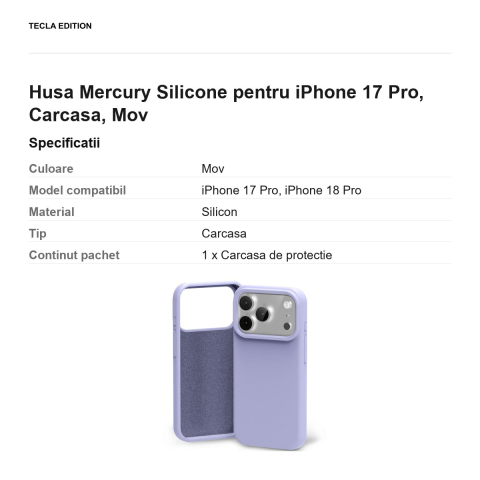 Husa Mercury Silicone pentru iPhone 17 Pro, Carcasa, Mov [2]