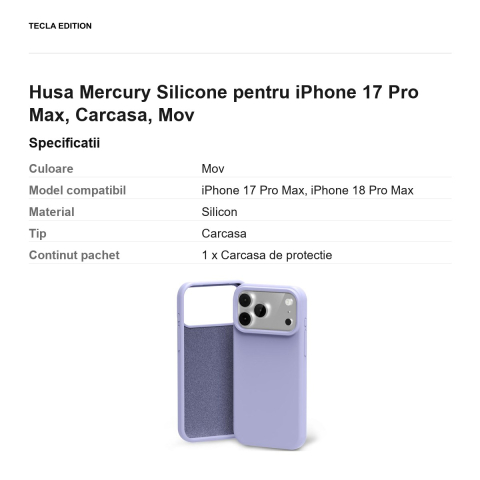 Husa Mercury Silicone pentru iPhone 17 Pro Max, Carcasa, Mov [2]