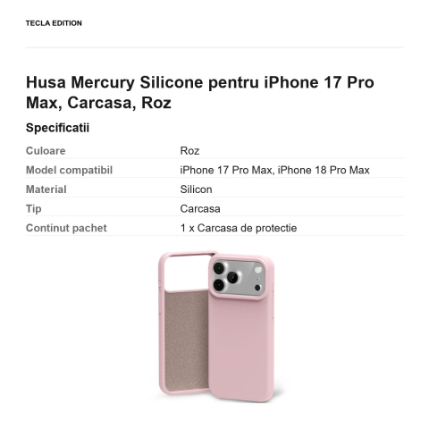 Husa Mercury Silicone pentru iPhone 17 Pro Max, Carcasa, Roz [2]