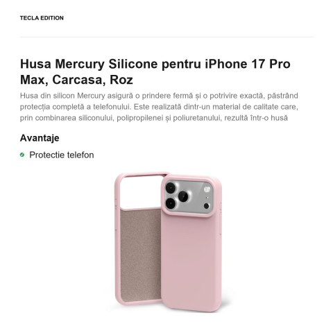 Husa Mercury Silicone pentru iPhone 17 Pro Max, Carcasa, Roz [1]