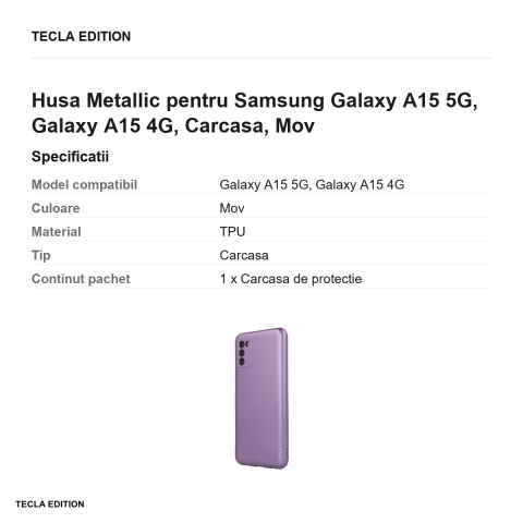 Husa Metallic pentru Samsung Galaxy A15 5G, Galaxy A15 4G, Carcasa, Mov [2]
