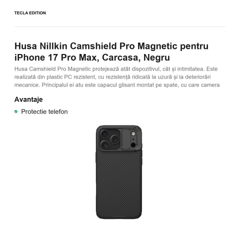 Husa Nillkin Camshield Pro Magnetic pentru iPhone 17 Pro Max, Carcasa, Negru [1]