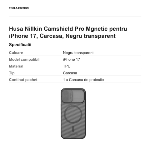 Husa Nillkin Camshield Pro Mgnetic pentru iPhone 17, Carcasa, Negru transparent [2]