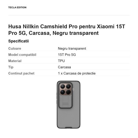 Husa Nillkin Camshield Pro pentru Xiaomi 15T Pro 5G, Carcasa, Negru transparent [2]