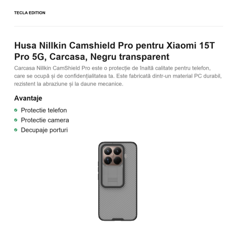Husa Nillkin Camshield Pro pentru Xiaomi 15T Pro 5G, Carcasa, Negru transparent [1]