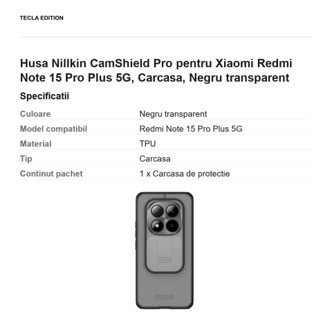 Husa Nillkin CamShield Pro pentru Xiaomi Redmi Note 15 Pro Plus 5G, Carcasa, Negru transparent [2]