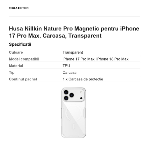 Husa Nillkin Nature Pro Magnetic pentru iPhone 17 Pro Max, Carcasa, Transparent [2]