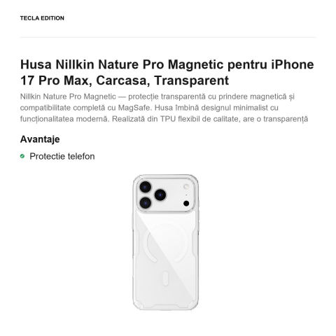 Husa Nillkin Nature Pro Magnetic pentru iPhone 17 Pro Max, Carcasa, Transparent [1]