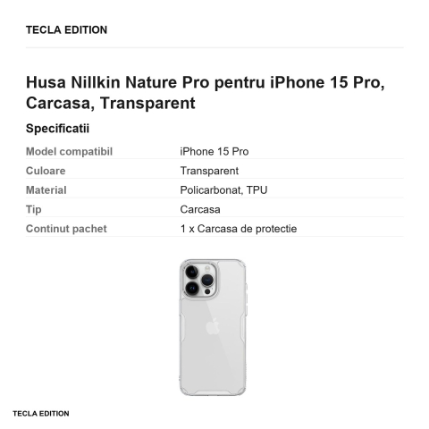 Husa Nillkin Nature Pro pentru iPhone 15 Pro, Carcasa, Transparent [2]