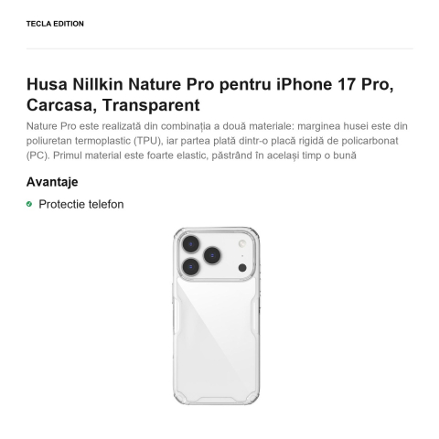 Husa Nillkin Nature Pro pentru iPhone 17 Pro, Carcasa, Transparent [1]