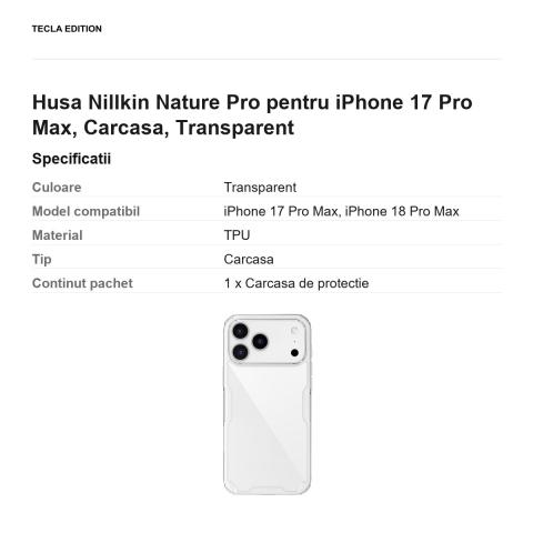 Husa Nillkin Nature Pro pentru iPhone 17 Pro Max, Carcasa, Transparent [2]